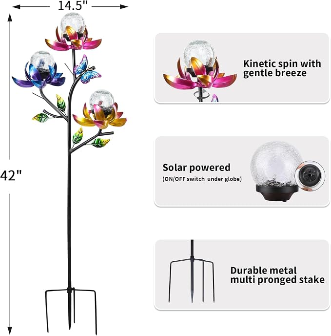 Solar Lights Outdoor Decorative Lotus Flowers Wind Spinner Garden Stake - Image 2
