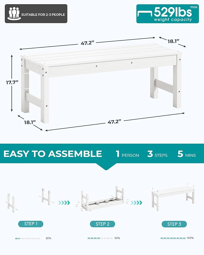 SERWALL 47 Inches Outdoor Bench, All Weather HDPE Backless Bench - Image 3
