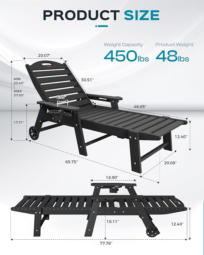 Outdoor Lounge Chair Set of 4, All Weather Patio Chaise Lounge Chair - Image 3