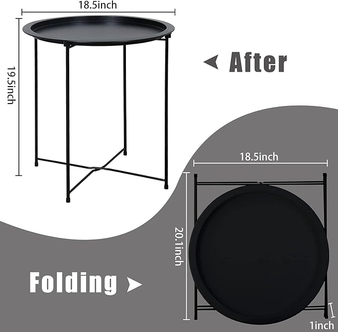 Garden 4 you End Table 2 PCS Metal Side Table Black Round Folding Tray Cyan - Image 3