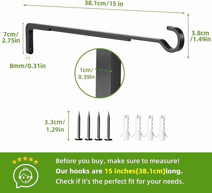 15 Inch 2 Black Pack Heavy Duty Outdoor Plant Hangers, Iron Hanging Plant - Image 3