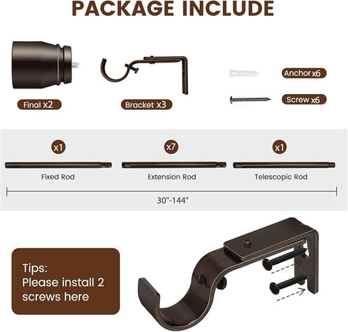 1” Diameter brown curtain rod Itself is 30 to 144 inch. 1 Pack Fits 30-142 inch - Image 2