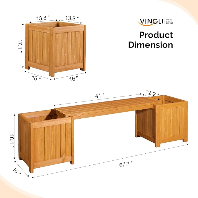 VINGLI Outdoor Wood Bench with Planter Boxes, 2-in-1 All-Weather Porch Bench - Image 8