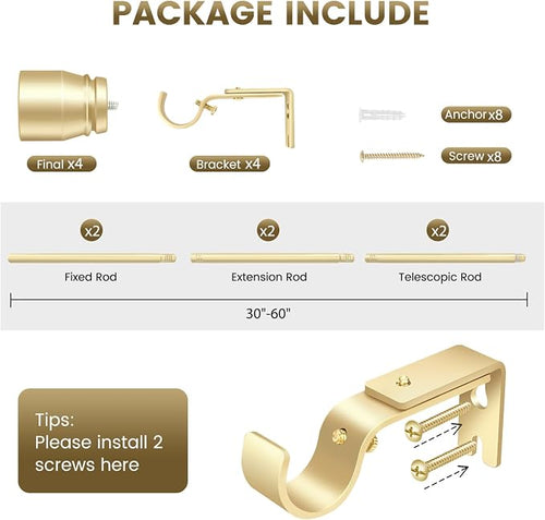 1” Diameter Gold Curtain Rod Itself is 30-60 inch 2 Pack, Fit 30 to 56 Windows - Image 2