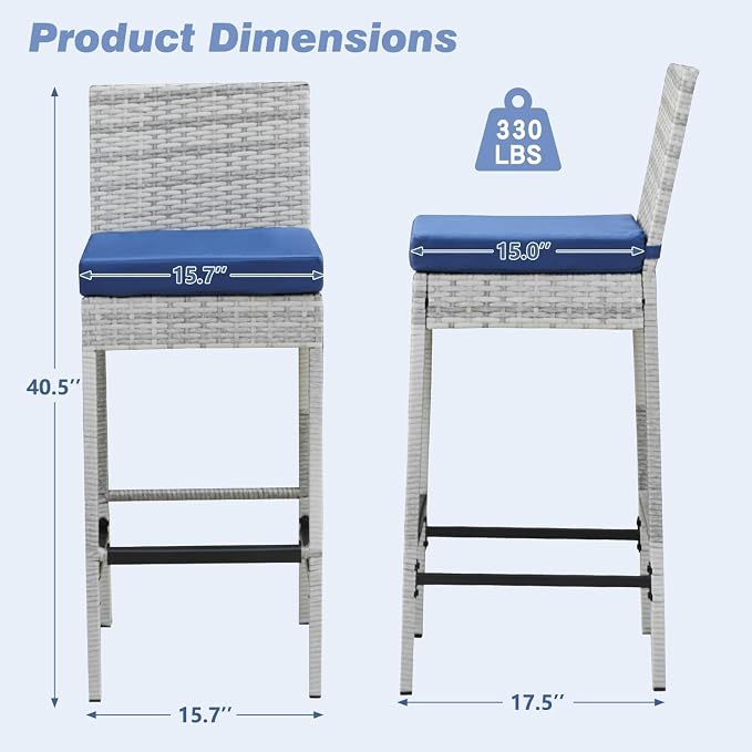 ECOTOUGE Outdoor Bar Stools Set of 2, Wicker Woven Patio Stools & Patio Bar - Image 3