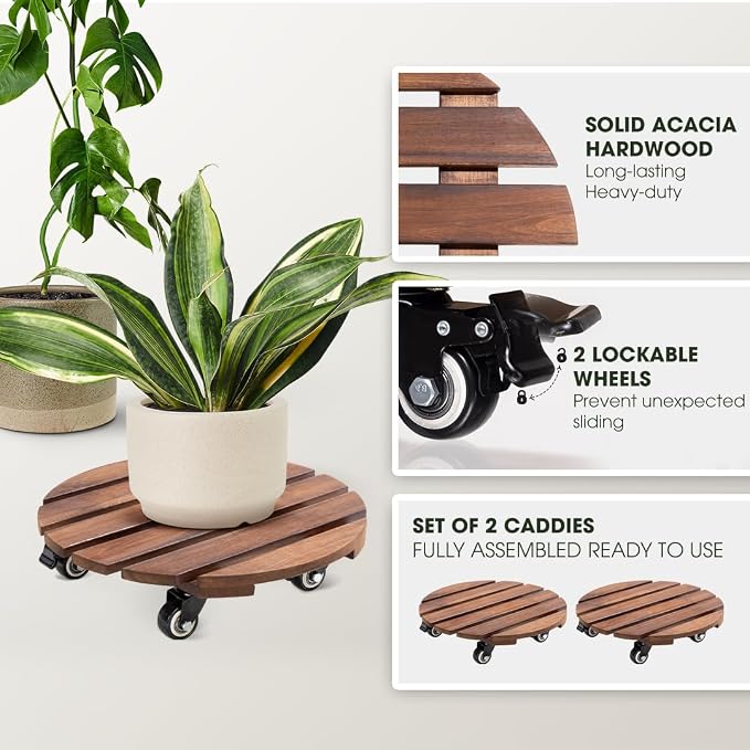 Idzo 2-Pack 14 Inch Acacia Wood Plant Caddy - Image 2