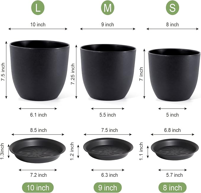 10/9/8 inch Medium Plant Pots, 3 Pack Modern Decorative Plastic Planters - Image 3