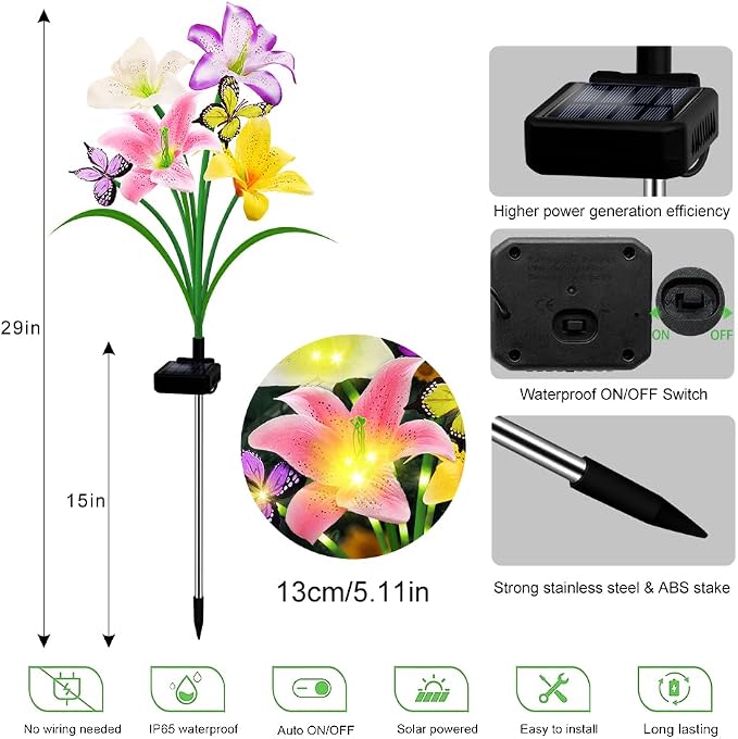Solar Garden Lights 4 Pack LEDs Solar Lilies Flower Lights, Yard Patio Pathway - Image 2