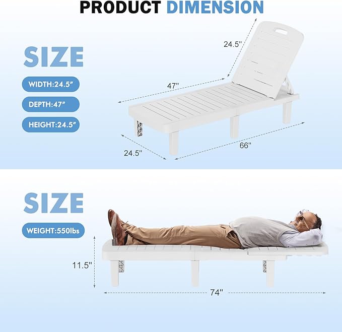 WACASA Outdoor Chaise Lounge Chairs Set of 4, Oversized Resin Lounge Chairs - Image 2