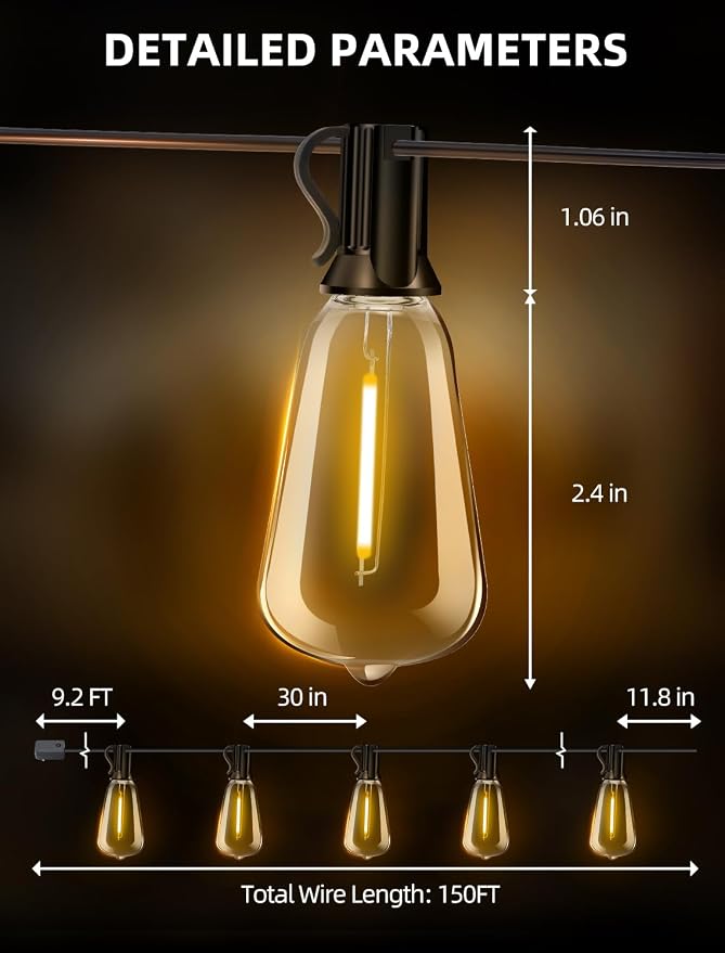 Outdoor Patio String Lights 150ft: ST38 LED Shatterproof Bulbs 3 Modes Button - Image 7