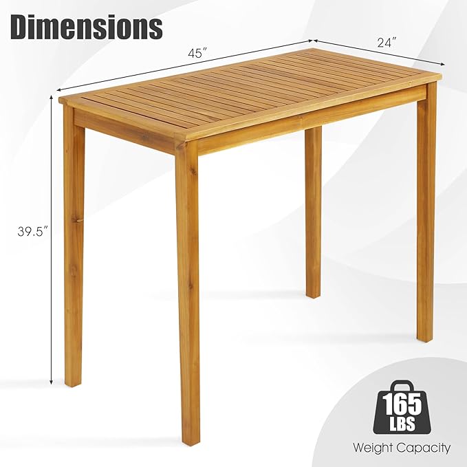 Tangkula Outdoor Acacia Wood Bar Table, 45” Rectangular Bar Height Farmhouse - Image 3