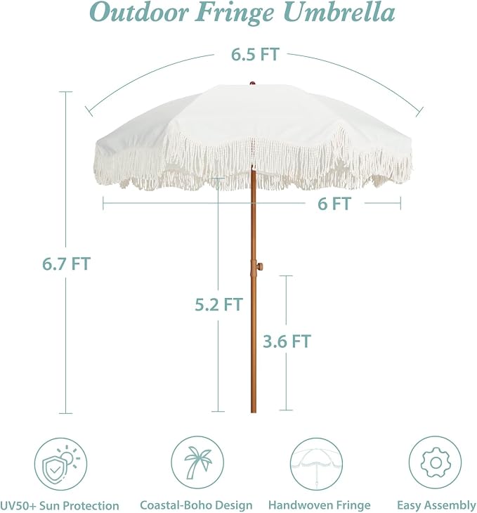AMMSUN Boho Fringe Umbrella Outdoor Patio, 6.5ft UPF50+ Picnic Umbrella - Image 6