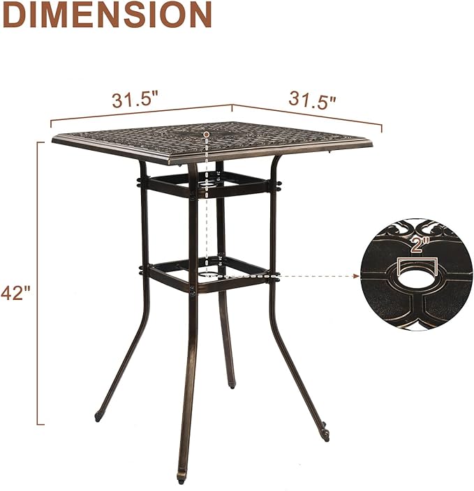 VINGLI Cast Aluminum Patio Bar Table, Pub Height Bistro Square Table - Image 3