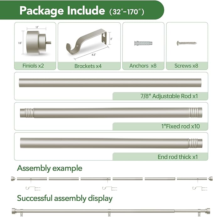 Curtain Rods for Windows 32 to 170, 1 Inch Adjustable Heavy Duty Long Window - Image 6