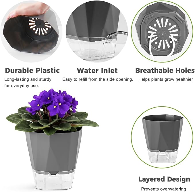 6 Pack Self Watering Pots for Indoor Plants, 5 Inches Self Watering Planters - Image 3
