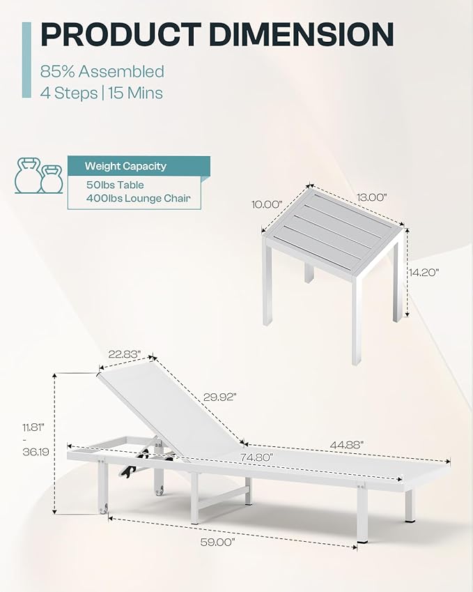 Aluminum Outdoor Lounge Chairs Set of 2, Pool Lounge Chairs - Image 2