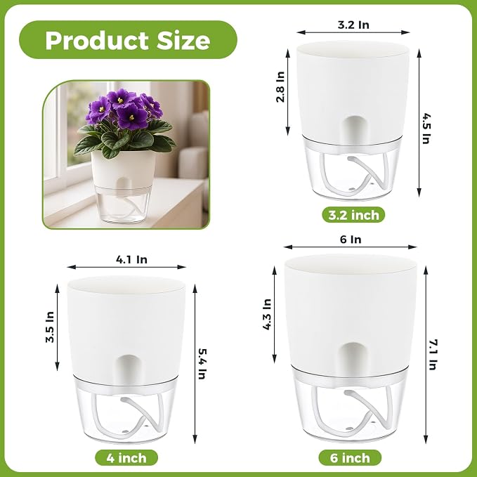 6 Pack Self Watering Pots for Indoor Plants, PlanterHoma 3.2/4/6 Inch Plant Pot - Image 3