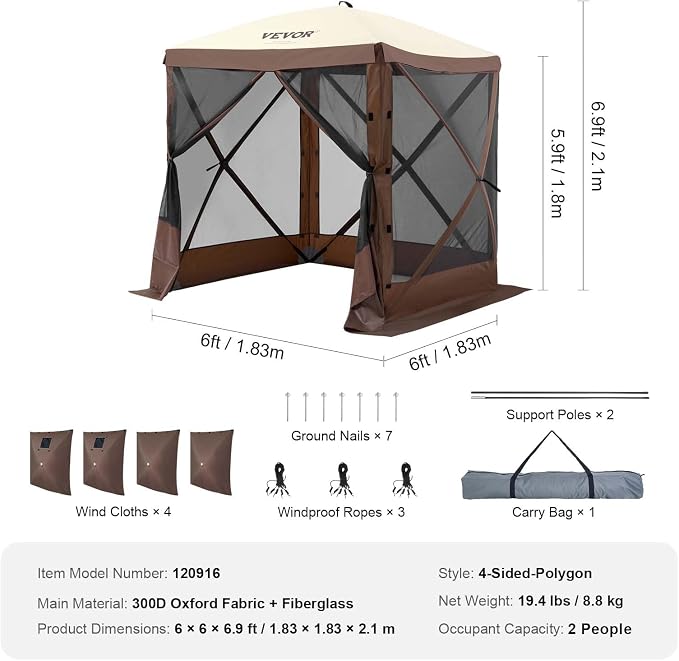 VEVOR Pop Up Gazebo Tent, Pop-Up Screen Tent 4 Sided Canopy Sun Shelter - Image 8