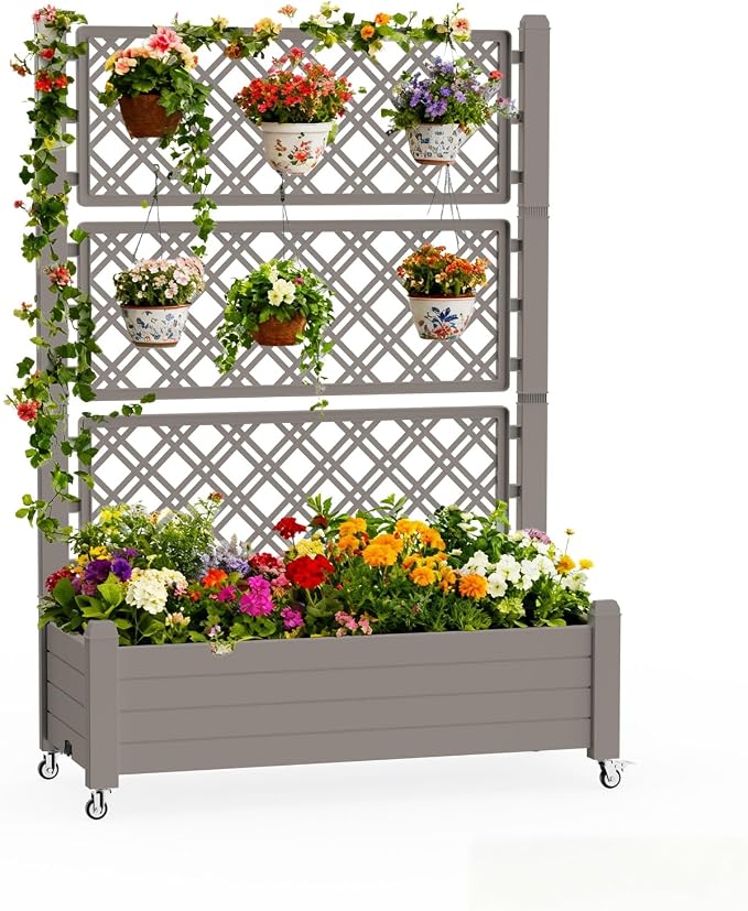 Mobile Garden Planter with Trellis & Lockable Wheels, Outdoor Raised Bed with by EASYUP