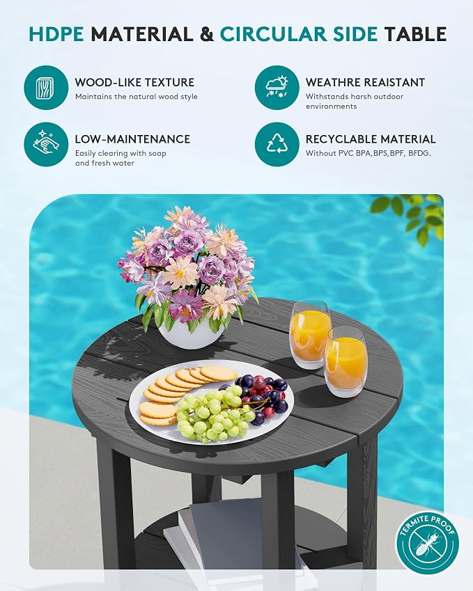 SERWALL Round Outdoor Side Table Set of 2, HDPE Small Adirondack Double End - Image 4