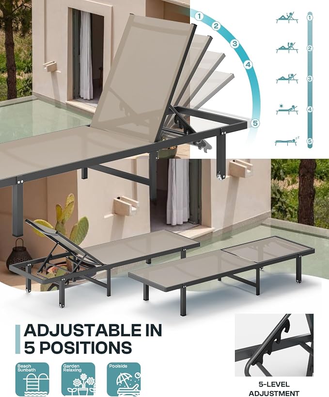 Lounge Chair Outdoor with Wheels, Aluminum Patio Chaise Lounge Chair with 5 - Image 4