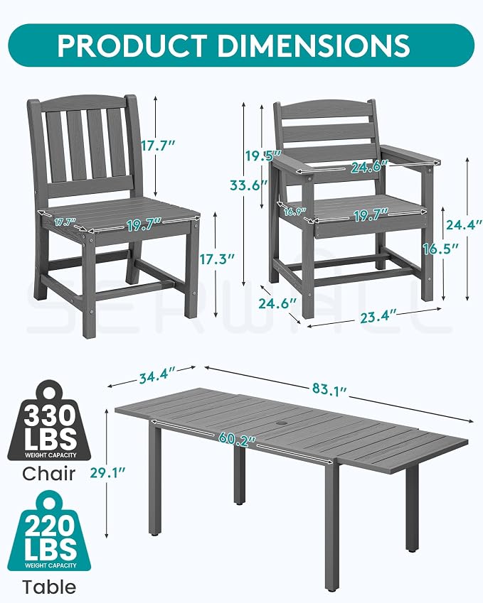 SERWALL 7-Piece Outdoor Dining Set, All Weather HDPE Outdoor Furniture Set - Image 2