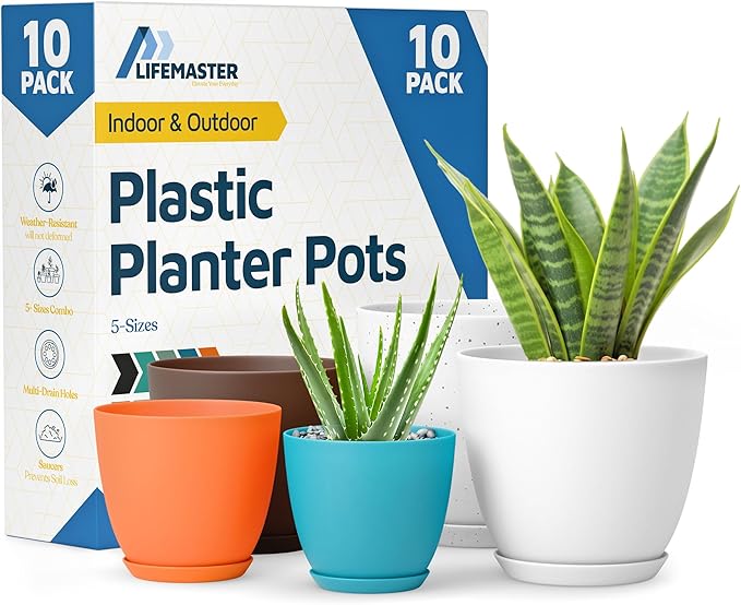 Multicolor Plant Pots with Drainage Holes & Saucers 10 Pack, Indoor & Outdoor by LIFEMASTER