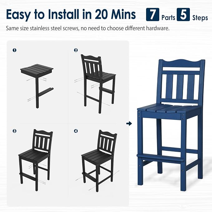 nalone Outdoor Bar Stools Set of 2, HDPE Tall Adirondack Chairs Bar Chairs - Image 7