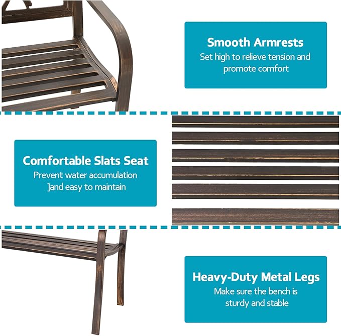 MFSTUDIO 50" Outdoor Garden Bench, Patio Metal Frame Park Bench - Image 5