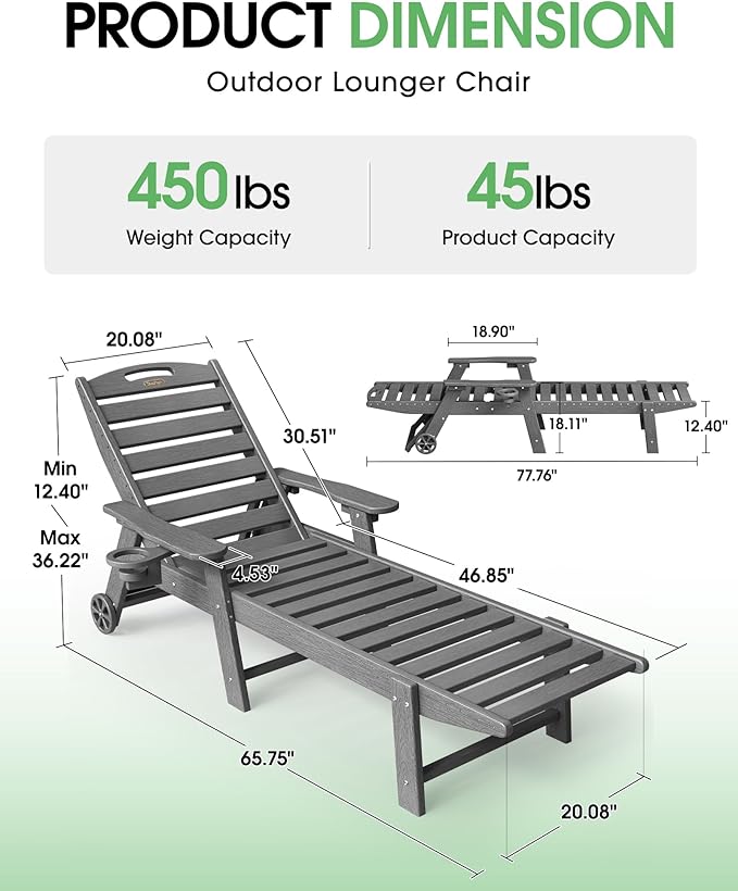 Lounge Chair Outdoor Set of 2, HDPE Chaise Lounge Outdoor, Pool Lounge Chair - Image 2