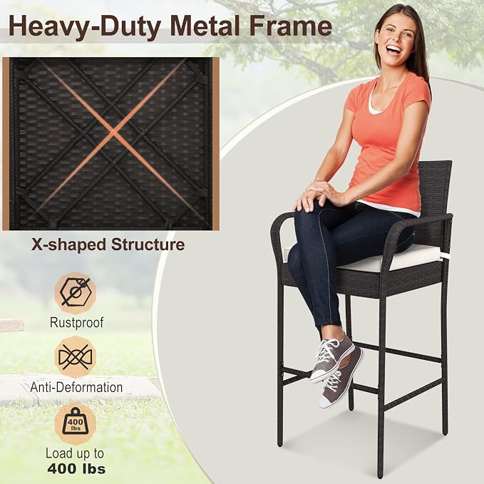 COSTWAY Wicker Bar Stools Set of 2, Patio Bar Height Chairs - Image 6