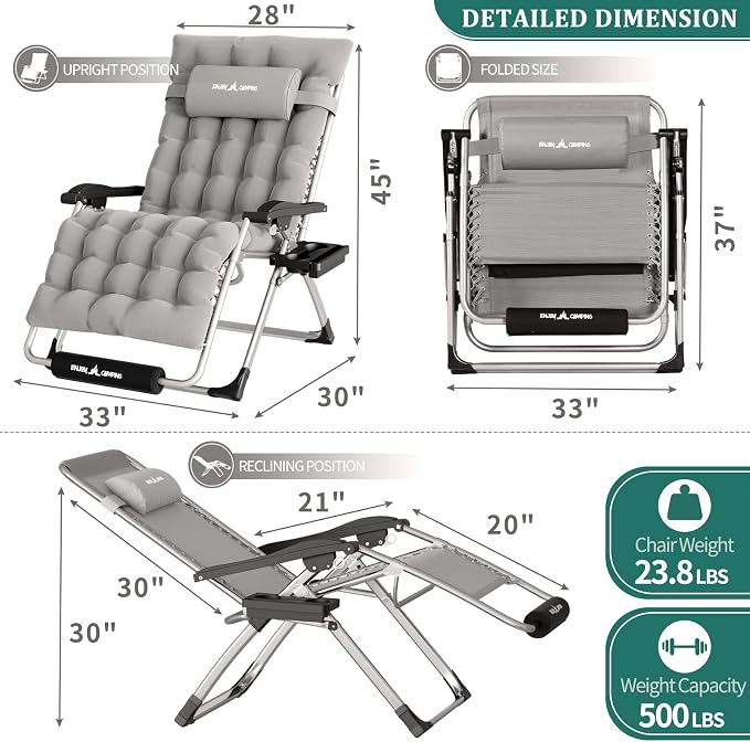 UDPATIO Oversized Zero Gravity Chair Set of 2, 33In XXL Patio Reclining Chair - Image 3