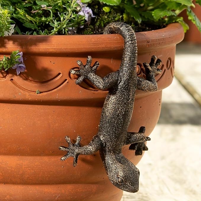 Vintage Bronze Gecko Planter Pot Hugger Flower Figurine – Resin Climbing Lizard by Unknown