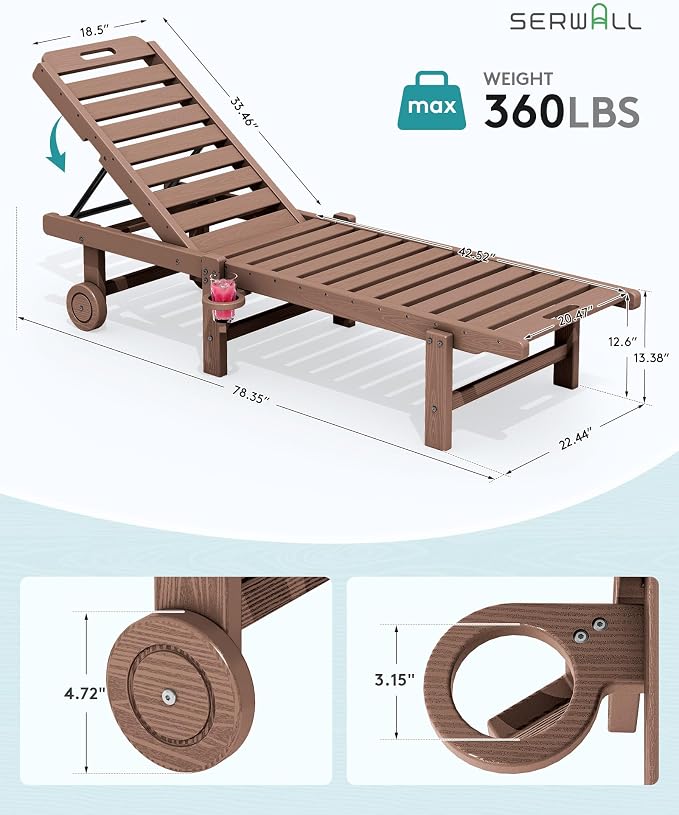 SERWALL Patio Chaise Lounge, HDPE Outdoor Lounge Chair - Image 3