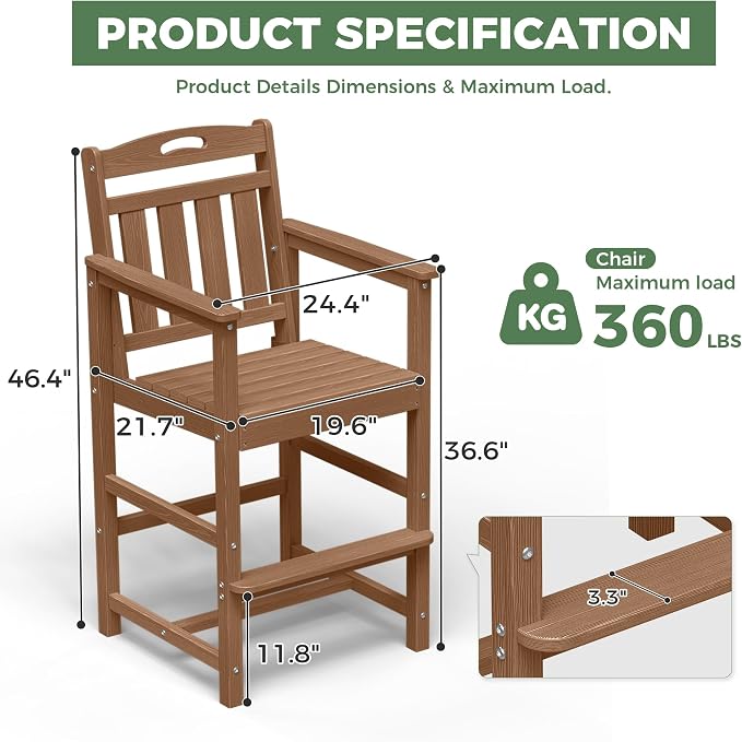 HDPE Outdoor Patio Tall Bar Chair, All-Weather Bar Height Balcony Adirondack - Image 4
