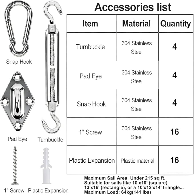 yofit 44 Pcs Shade Sail Hardware Kit, 6 Inch Outdoor Sun Sail Accessories - Image 2