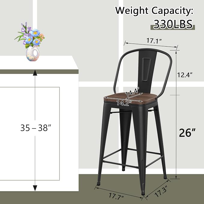 Yongqiang 26 inch Bar Stools Set of 4 Black Metal Counter Height Stools Modern - Image 2