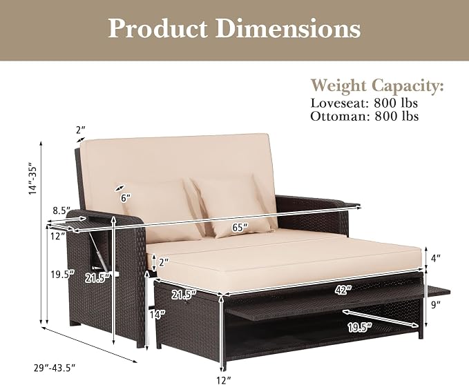 S AFSTAR Outdoor Daybed with Storage Ottoman, Wicker Chaise Lounge Chair with - Image 6