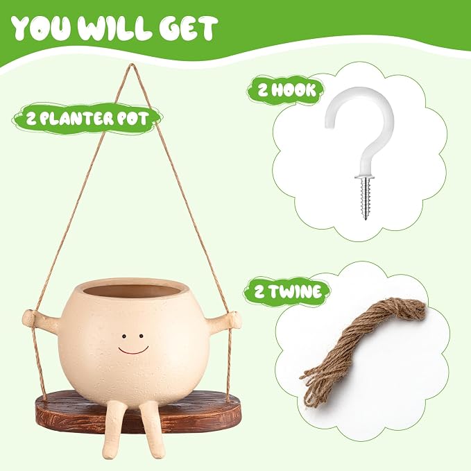 Domensi 2 Pcs Swing Hanging Planter Cute Smile Flower Face Pot Indoor Outdoor - Image 4