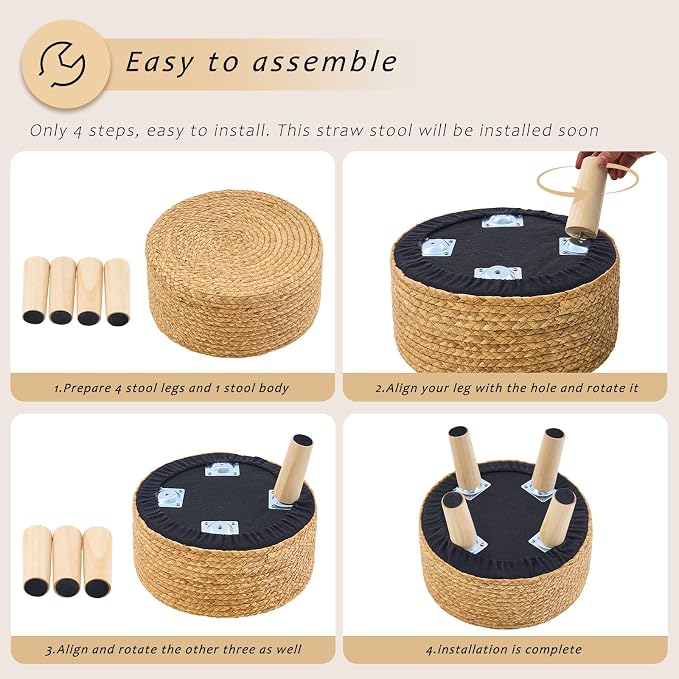 Handwoven Round Ottoman, Natural Water Hyacinth Outdoor Patio Pouf Seagrass Low - Image 6