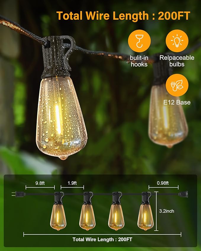 200FT LED Outdoor String Lights, 2700K LED Patio Lights Outdoor Waterproof - Image 2