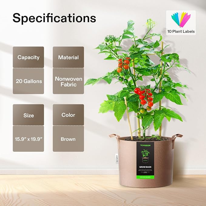 VIVOSUN 5-Pack 20 Gallons Grow Bags Heavy Duty Thickened Nonwoven Fabric Pots - Image 2