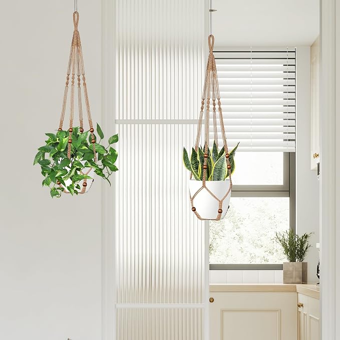 Jute Macrame Plant Hanger Indoor Set of 2 Hanging Planter Basket Flower Pot - Image 7