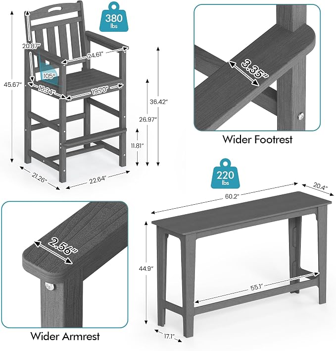 Ciokea Outdoor Bar Height Table Set of 5, Heavy-Duty All-Weather HDPE Patio Bar - Image 3