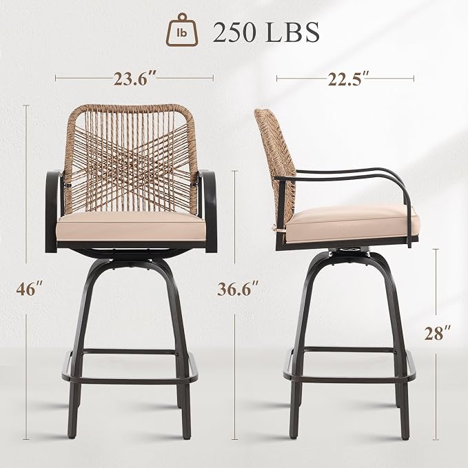 Outdoor Bar Stools Set of 4, 360° Swivel Metal Frame, Wicker Patio Bar Height - Image 3