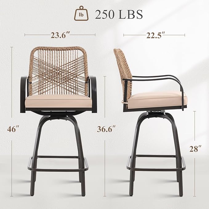 Outdoor Bar Stools Set of 6, 360° Swivel Metal Frame, Wicker Patio Bar Height - Image 3