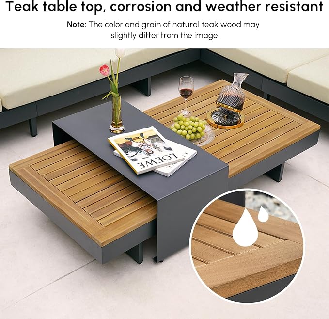 homary 6 Piece Aluminum & Teak Outdoor Sofa Set, Patio Sofa Seat L-Shaped - Image 4