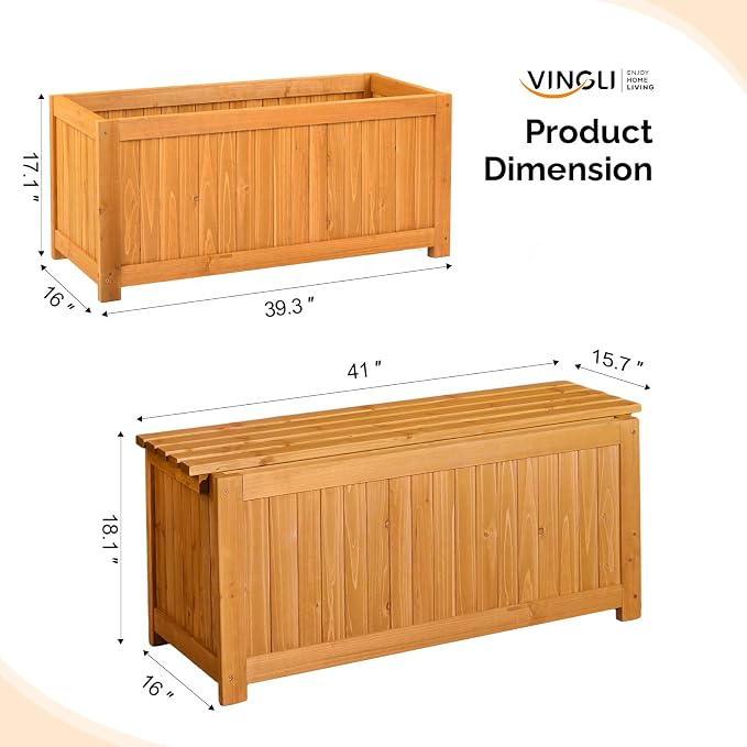 VINGLI Outdoor Wood Bench with Planter Boxes, 2-in-1 All-Weather Porch Bench - Image 9