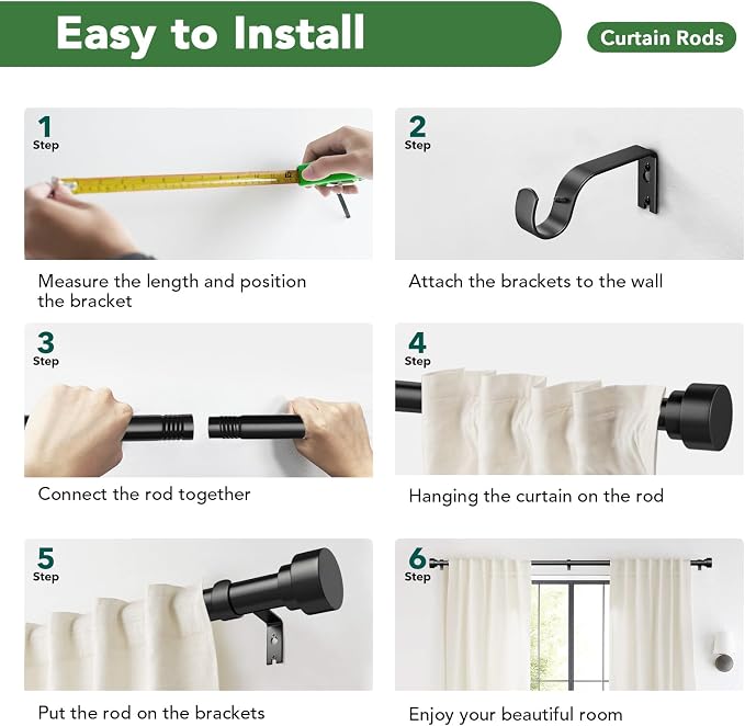 Time Forest Black Curtain Rods for Windows 28 to 48 Inch, 1 Inch Diameter - Image 8