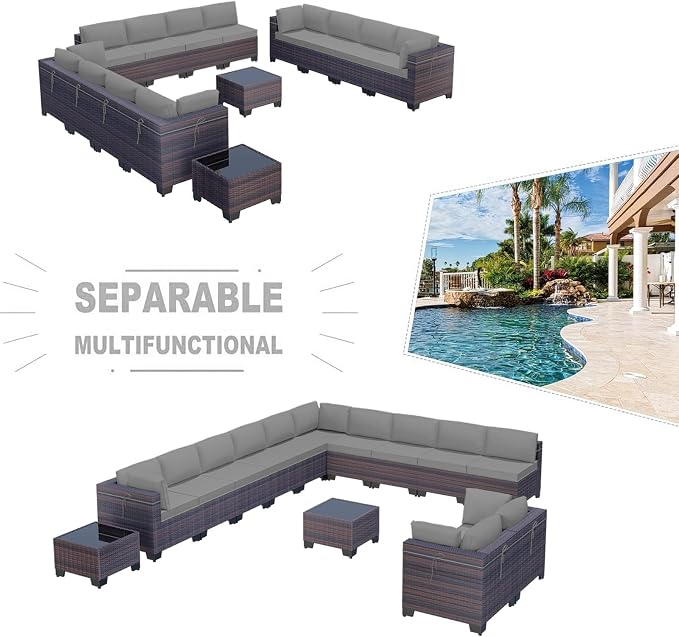 Kullavik 14 Pieces Outdoor Patio Furniture Set PE Wicker Rattan Sectional Sofa - Image 5
